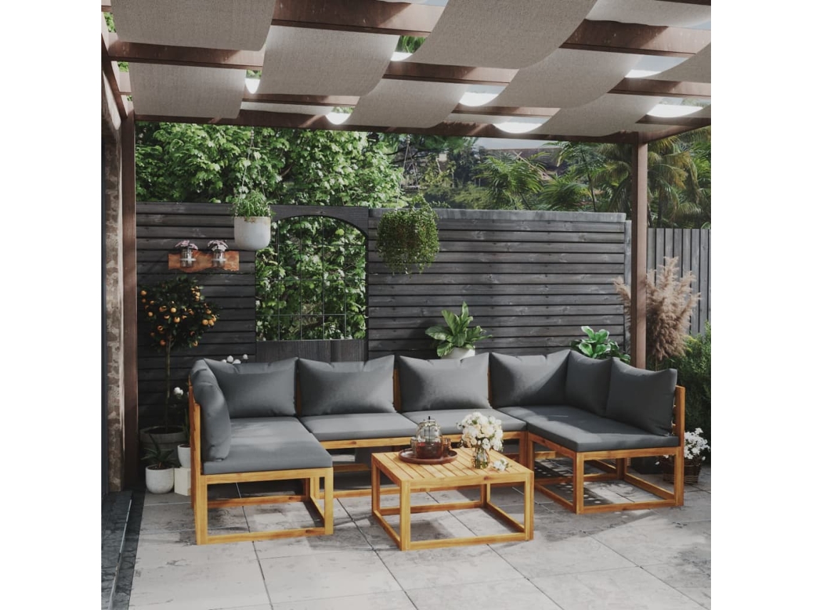 Vidaxl 7 Pcs Conjunto Lounge De Jardim Com Almofadões Acácia Maciça