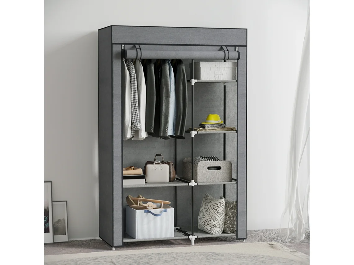 Fabric Closet Storage Solution 6 Shelves 1 Clothes Rail Dark Gray