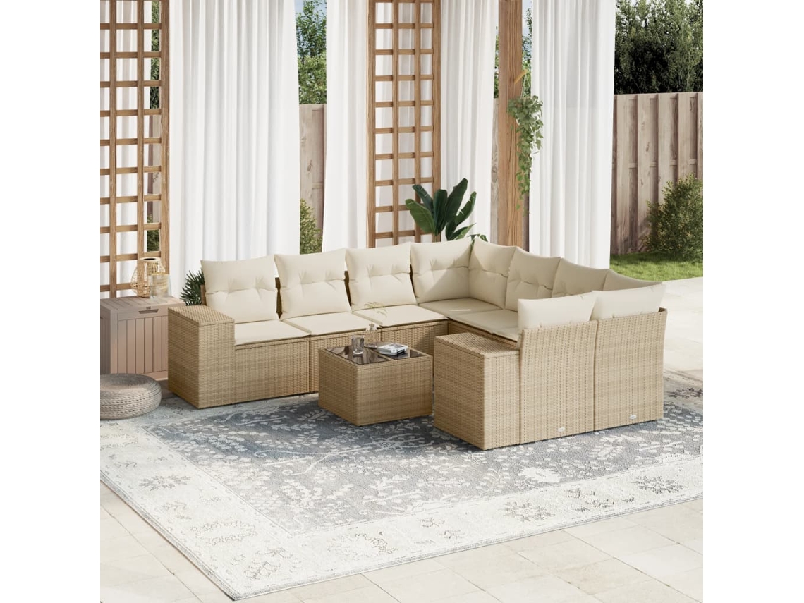 Conjunto de 9 Sofás para Jardim com Almofadas Vime Pe Bege Dkd Home Decor