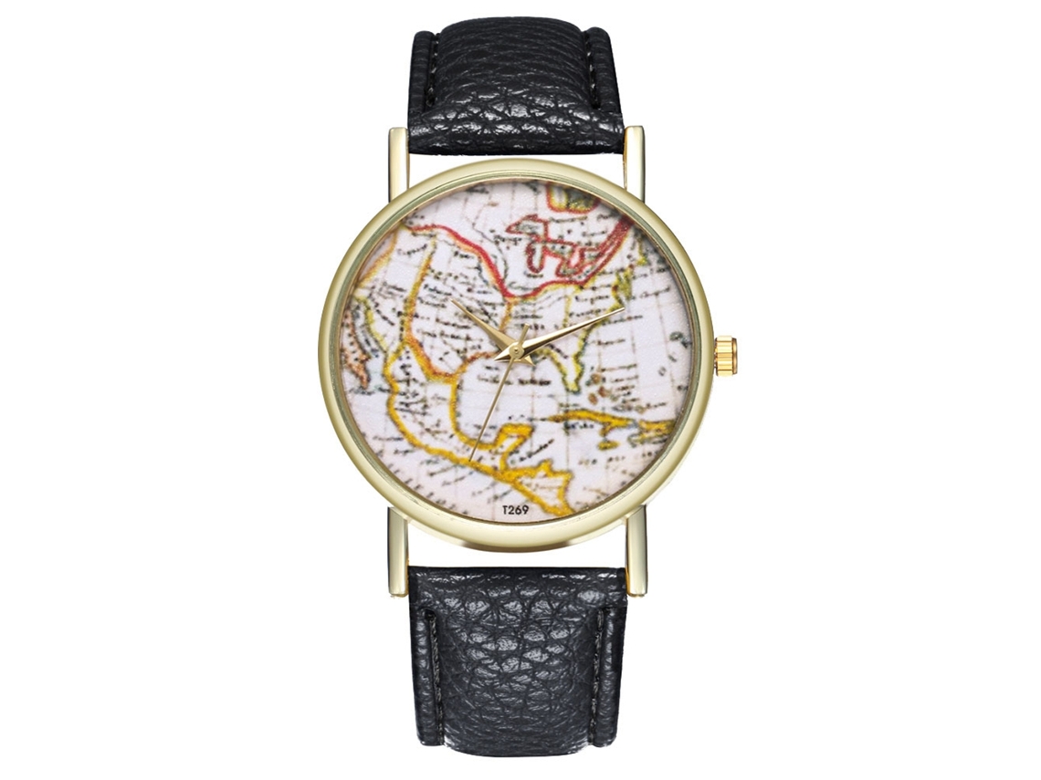 Relógio de Pulso Antigo Mapa de Moda Quartz Leisure com Pulseira de Couro Preto