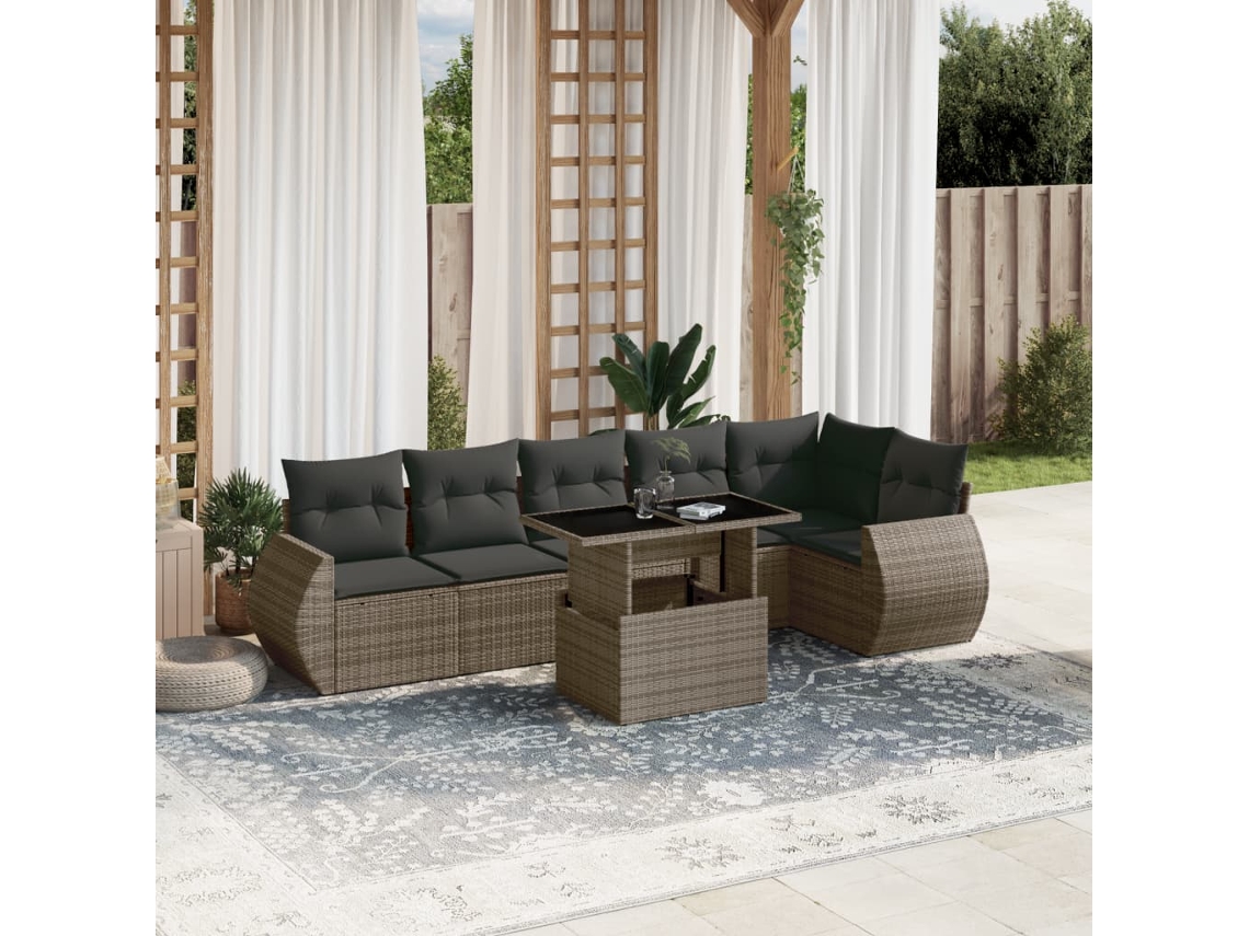 7 Pcs Conjunto Sofás P/ Jardim C/ Almofadões Vime Pe Cinzento Dkd Home Decor