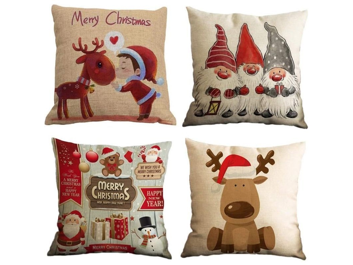 2026-fundas De Almohadas Navideñas Linjou Set De 4, 45x45 Cm, Lino, Motivos Ciervo, Copos De Nieve, Árbol