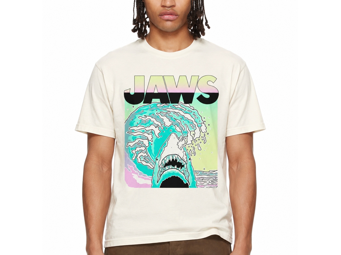 Rockinstone Jaws Movie Neon Waves Solid Natural Adult T-shirt Size:xxl