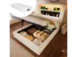 Cama Solteiro 90x200cm Veludo Bege Com Armazenamento, Led E Portas Usb/type-c
