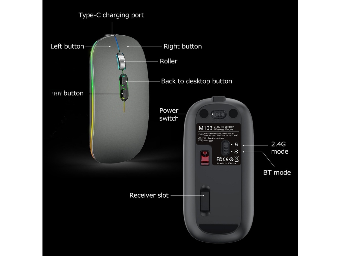 Rato Óptico Sem Fio Bimodo 2.4g+bt5.1 Ergonômico Com 3 Marchas Ajustáveis 500mah Recarregável Preto