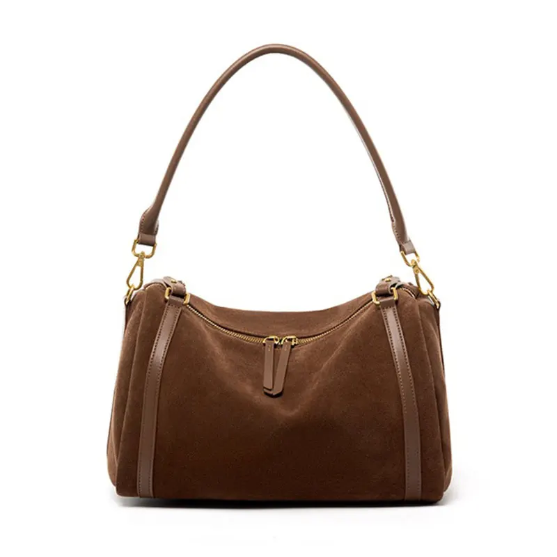 (bx6171-café) Bolsa Boston Feminina De Luxo Em Camurça E Couro Bovino, Nova Bolsa De Ombro Em Couro Genuíno.
