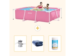 Piscina com Estrutura Retangular INTEX 220 X 150 X 60 Cm Rosa Incluída Bomba de Filtro de Piscina Vela Solar Cloro
