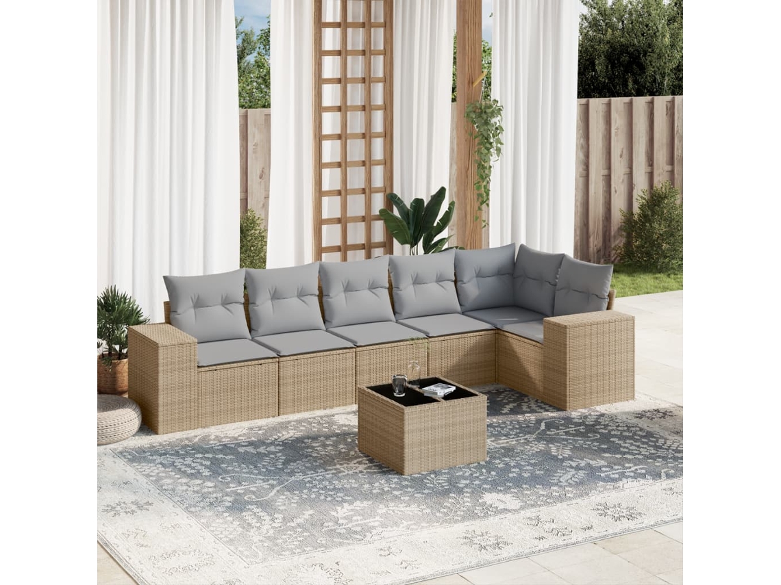Vidaxl 7 Pcs Conjunto De Sofás P/ Jardim Com Almofadões Vime Pe Bege
