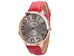 Relógio de Pulso Feminino com Números Árabes Grandes Pulseira Pu Quartzo Vermelho