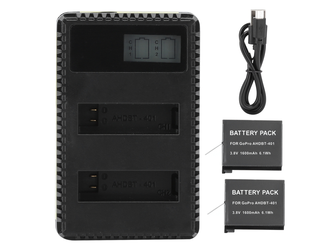 Cargador dual lcd ahdbt 401 con baterías de 1600 mah para cámara deportiva hero4