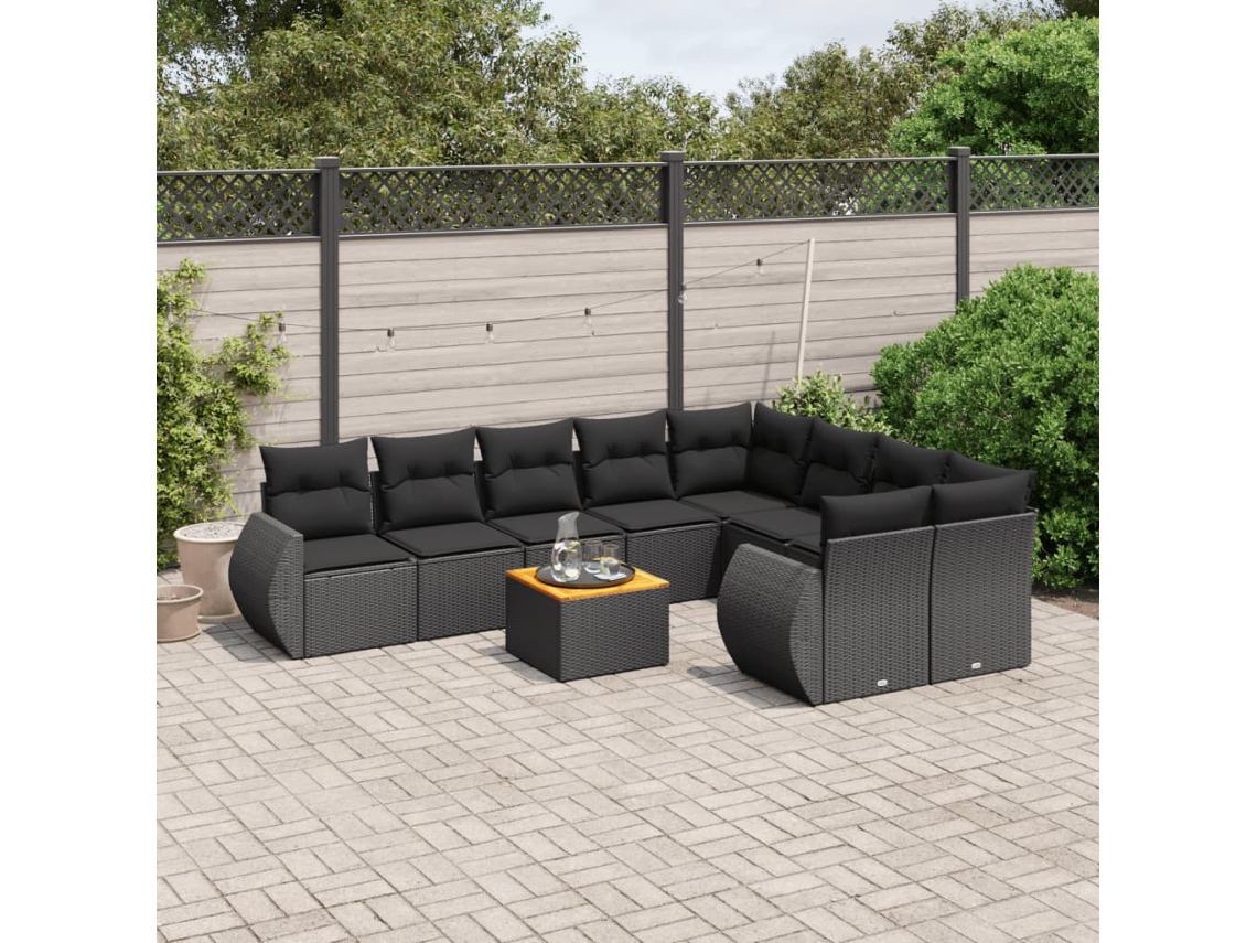 Vidaxl 10 Pcs Conjunto Sofás De Jardim C/ Almofadões Vime Pe Preto