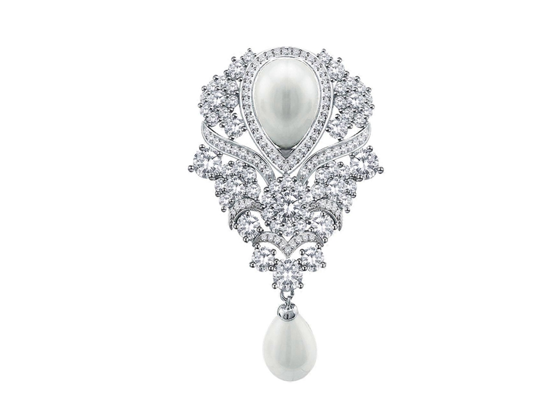 Broche De Noiva Pérola Simulada Cristal Zircônio Cúbico Prateado