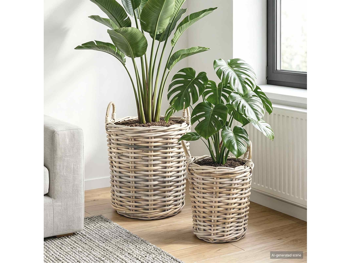 Vidaxl Cesta De Plantas Gendt 2 Unid. Cinza Natural Rattan Kubu