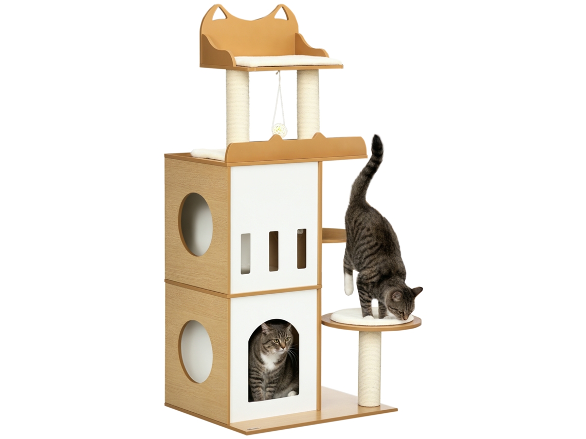 Árvore para Gatos em Mdf com Arranhador, 2 Casinhas, Poleiros e Bola de Brincar, 60x48x133 Cm ESSÊNCIACASA