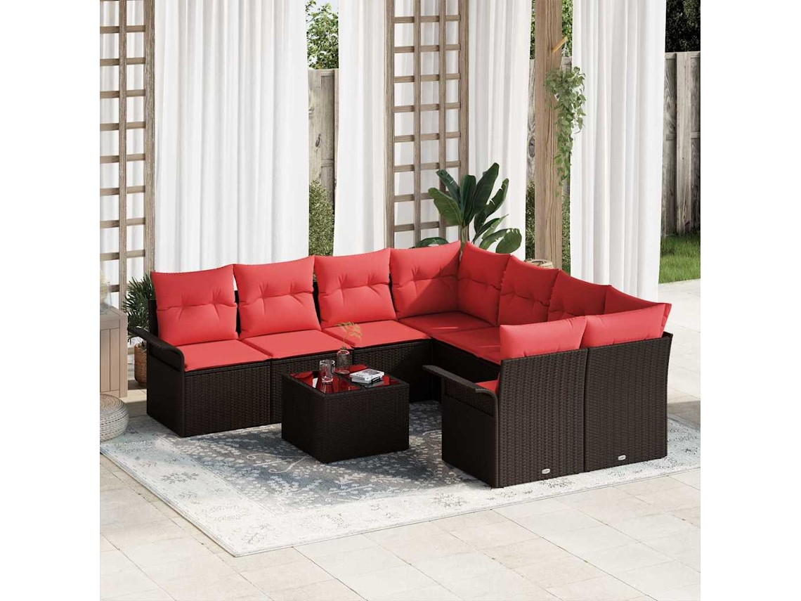 Vidaxl Conjunto De Sofá De Jardim 9 Unid. Bege E Vermelho Vime Pe