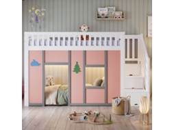 Cama Alta Para Criança 90 × 200 Cm Escada Com Degraus Com Escada Em Solid Madeira+mdf Branco+rosa