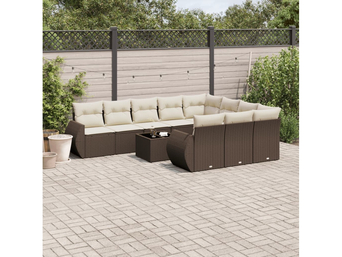 Vidaxl 11 Pcs Conjunto Sofás De Jardim C/ Almofadões Vime Pe Castanho