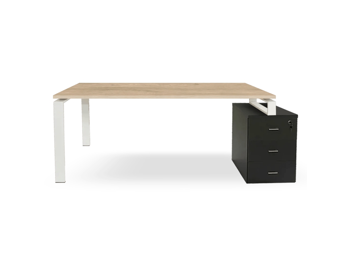Mesa Cinza Grafite Com Gavetas. Estrutura De Metal Branca. 75 X 155,5 X 80 Cm. Tampo Em Carvalho. Ofilike