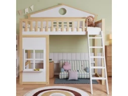 Beliche Infantil C/ Escada, Proteção E Grades, Telhado E Janela, Espaço Livre Inferior, Pinho+mdf, Branco+natural, 90x200cm