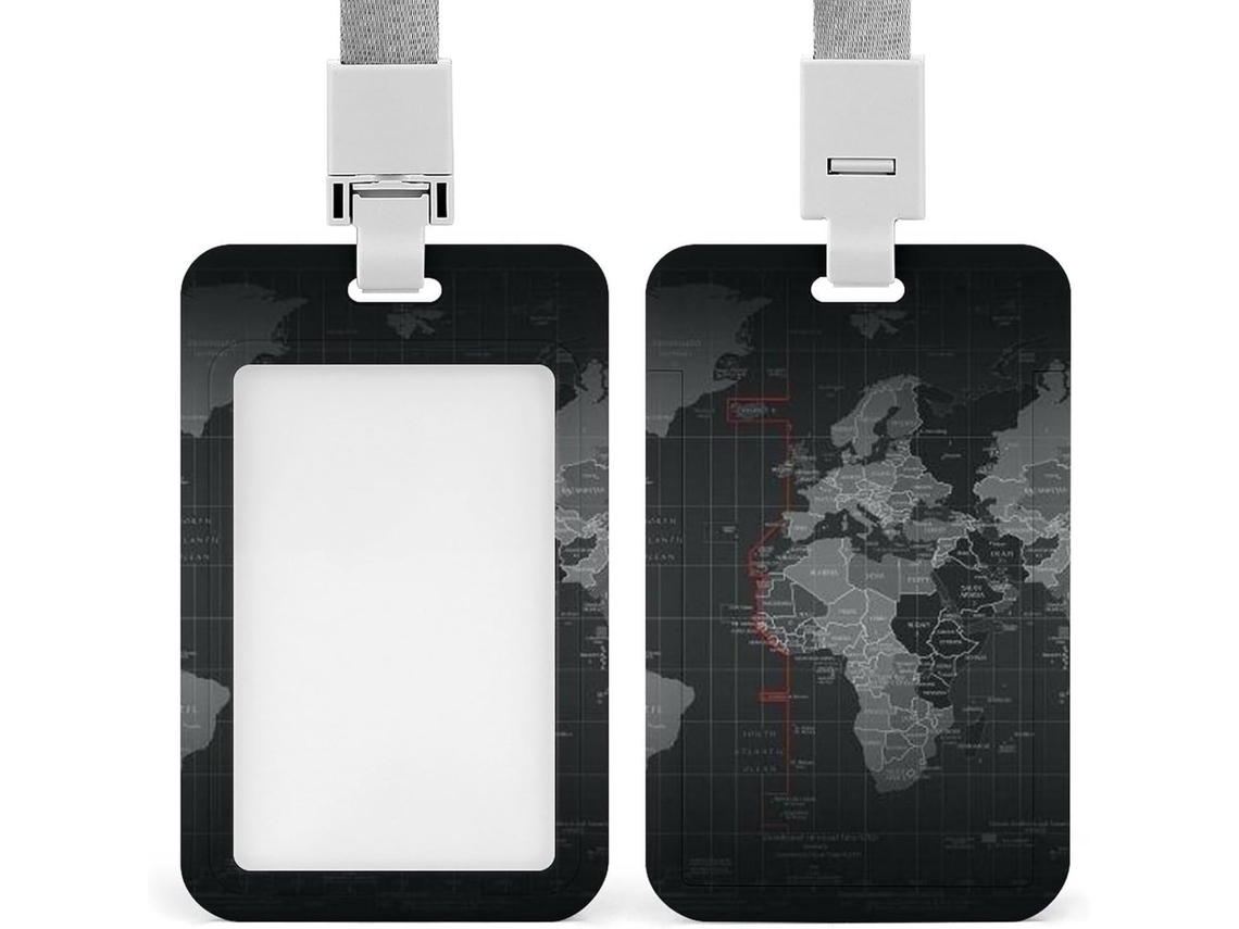 Porta Crachá Com Clipe, Charmoso Porta Crachá Com Estampa De Mapa Múndi Preto E Cordão, Porta Cartão De Identificação