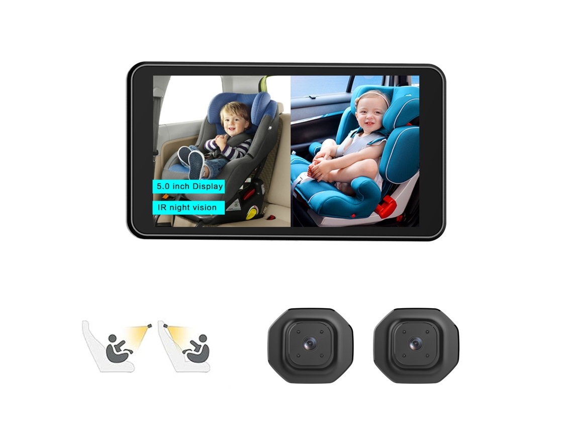 Monitor De Bebê Para Carro Com Lente Dupla De 5 Polegadas, Tela Dividida E Visão Noturna Infravermelha Para Cadeirinhas Infantis.