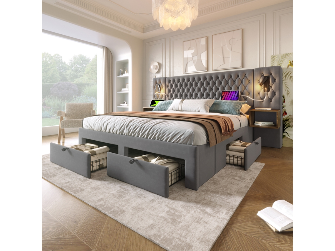 Conjunto De Quarto Cama Casal 180×200 Cm 2 Mesas Cabeceira Luz Usb Cinza Seda