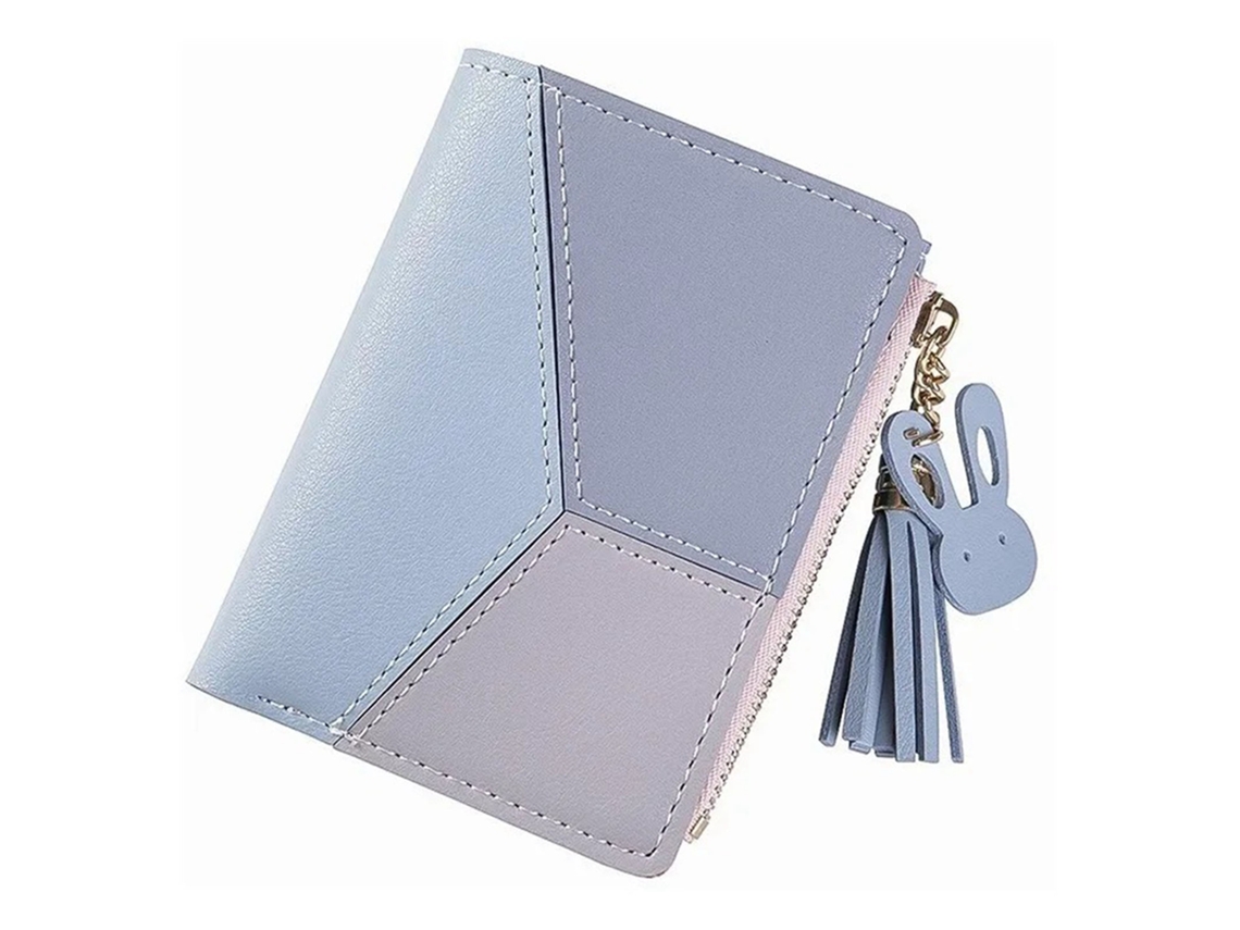 Carteira Feminina de Couro Pu com Zíper e Múltiplos Bolsos Azul Tamanho Único