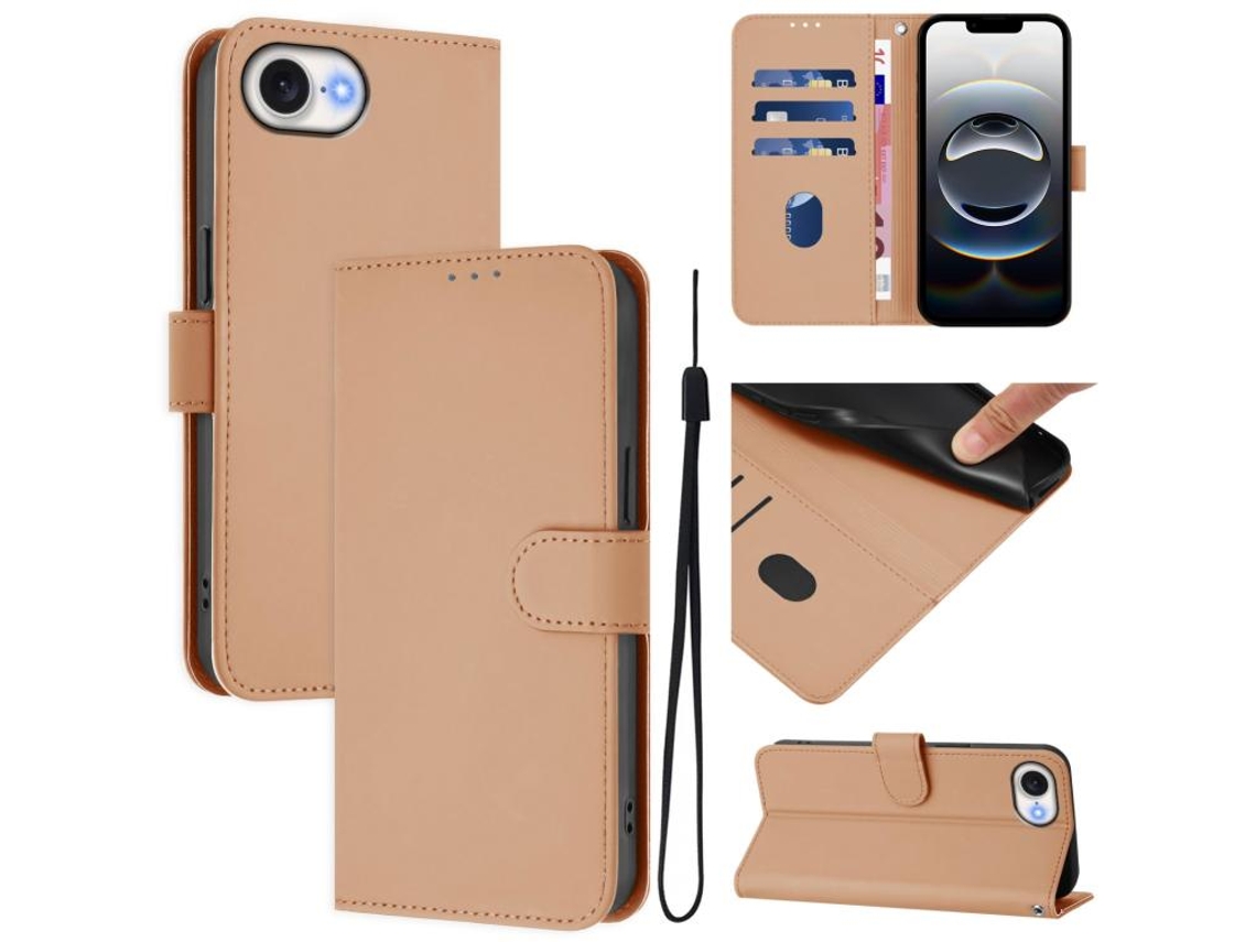 Capa De Couro Sintético Para Iphone 17e - Toque Suave - Cor Sólida - Com Cordão
