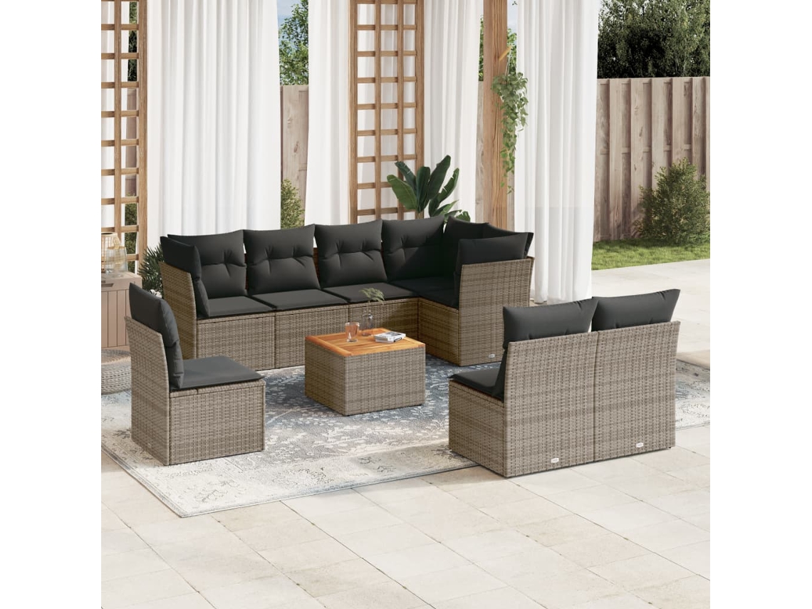Vidaxl 9 Pcs Conjunto Sofás P/ Jardim Com Almofadões Vime Pe Cinzento