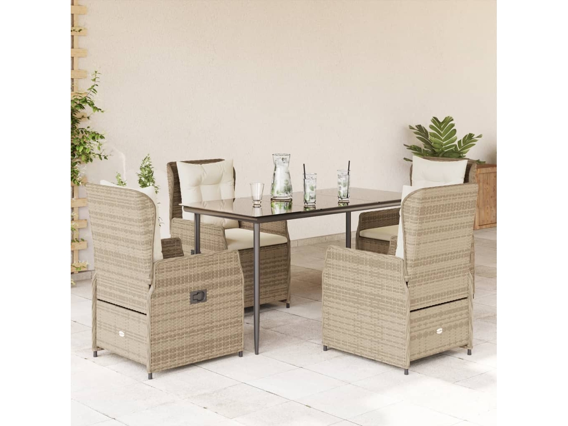 Vidaxl 5 Pcs Conjunto De Jantar P/ Jardim Com Almofadões Vime Pe Bege