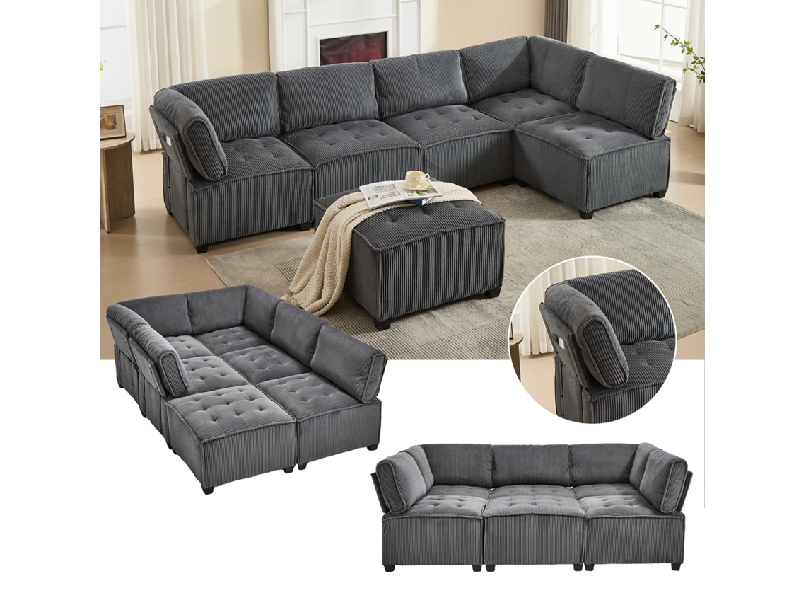 Sofá Modular Cinza 6l, Veludo Cotelê, Cama.-kd