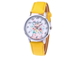 Relógio feminino Zhoulianfa Geneva com pulseira de couro e estampa de margaridas F-458a amarelo