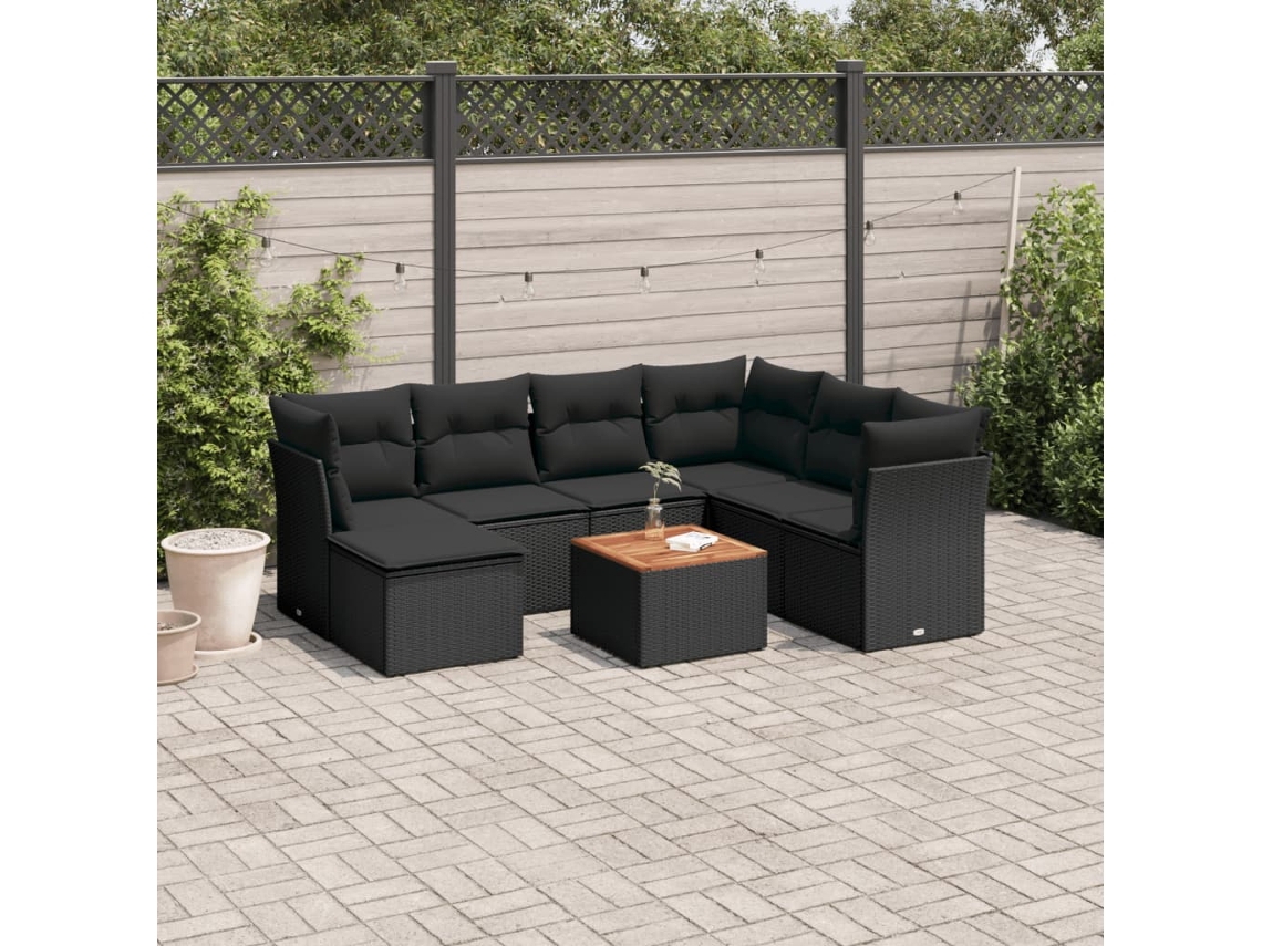 Vidaxl 8 Pcs Conjunto Sofás De Jardim Com Almofadões Vime Pe Preto