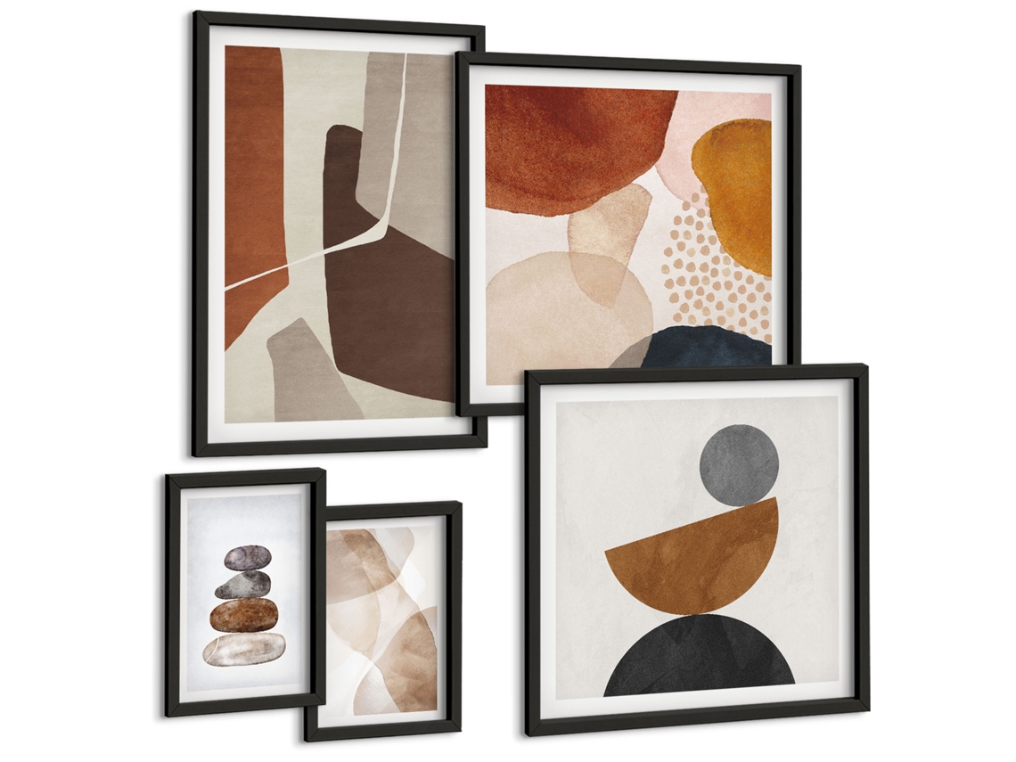 Conjunto De Pinturas Planta Abstrata Padrões Moldura Preta Quadros Para O Escritório Espelharte (conjunto De 5 Imagens)