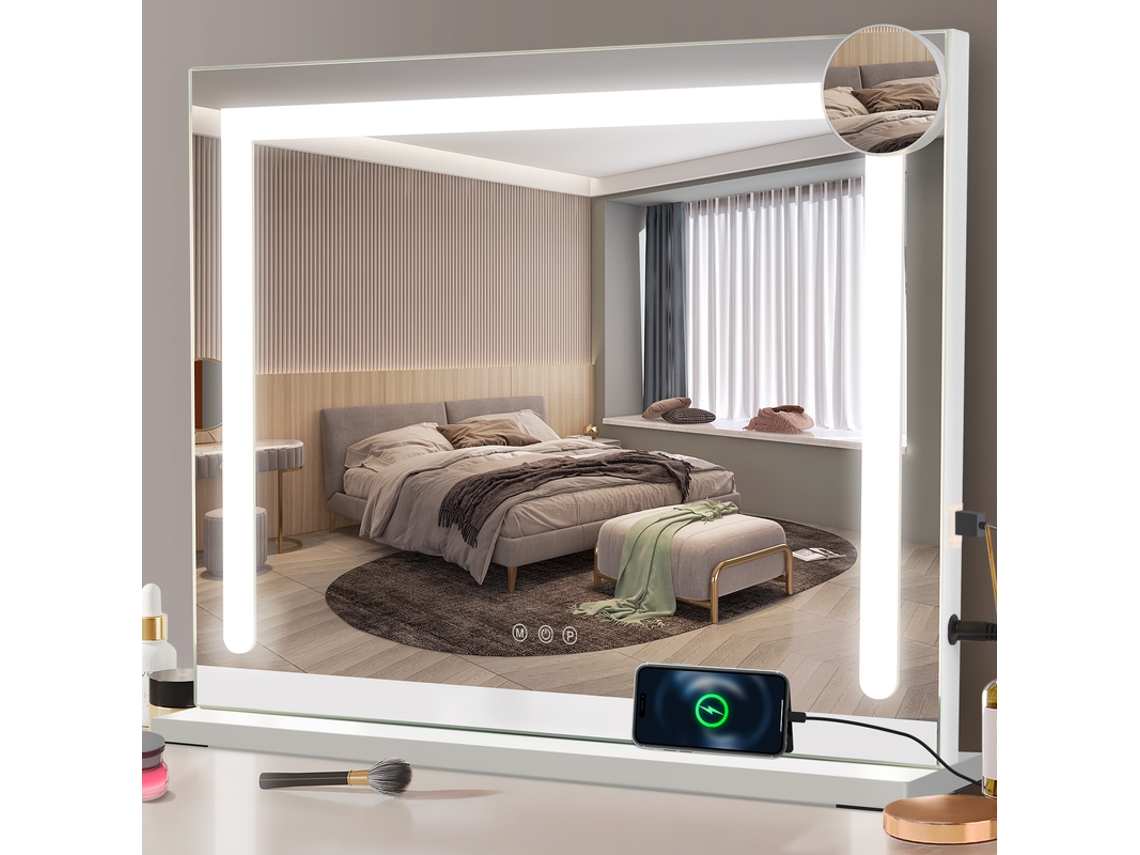 Nettlife Espelho De Maquilhagem Iluminado, 80 × 60 Cm, Led Sensível Ao Toque Regulável, Espelho De Toucador