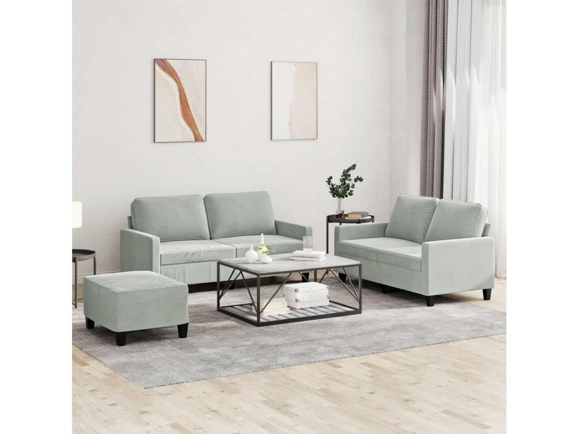 Vidaxl 3 Pcs Conjunto de Sofás com Almofadões Veludo Cinzento claro