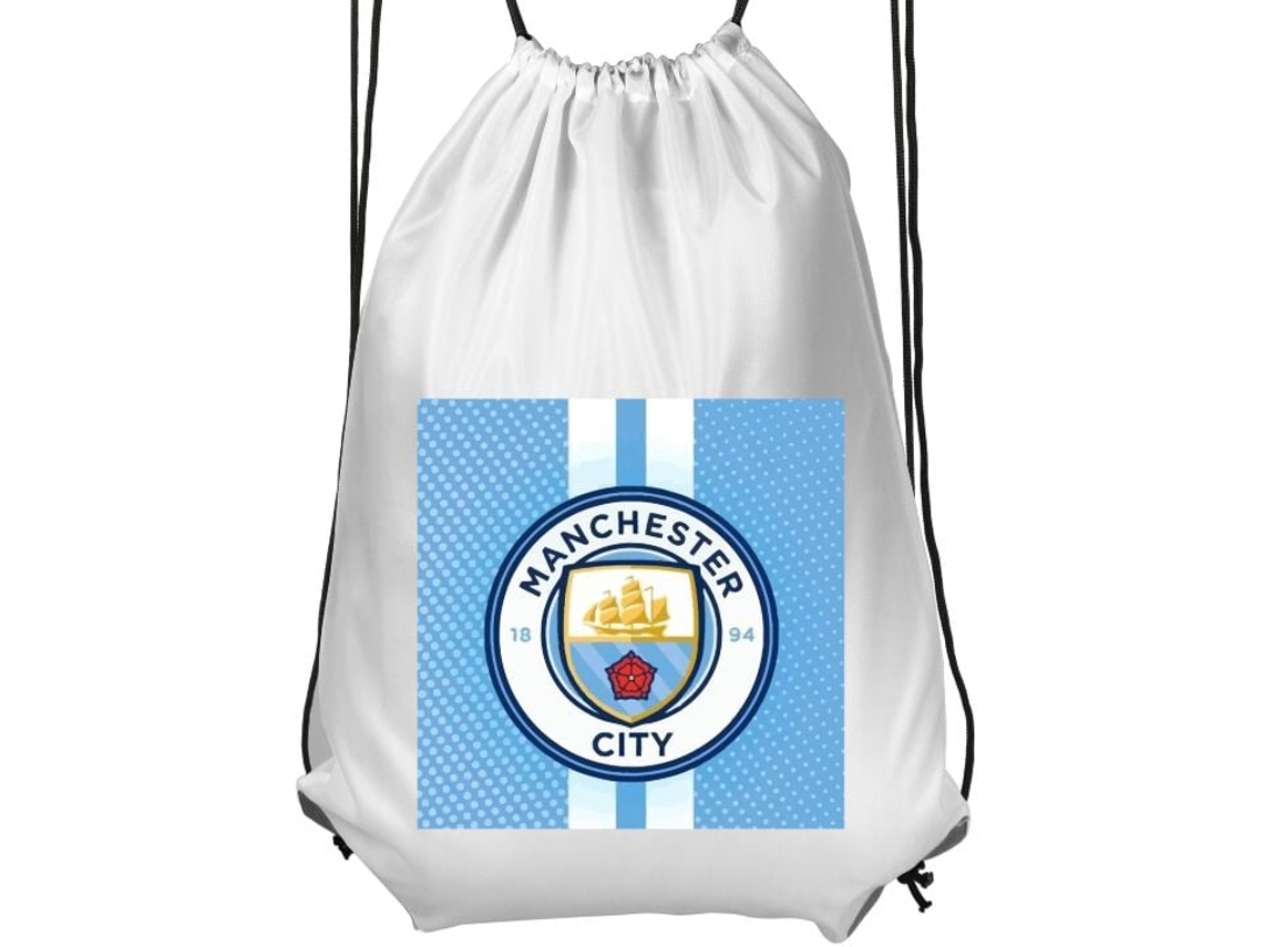 Mochila de Ginástica Infantil Branca, Confortável e Prática, com Estampa Esportiva e o Emblema do Manchester City em Fundo Azul Claro BRILVIBERA
