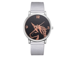 Relógio masculino de quartzo com pulseira de malha e mostrador redondo, estampa animal casual (prateado)