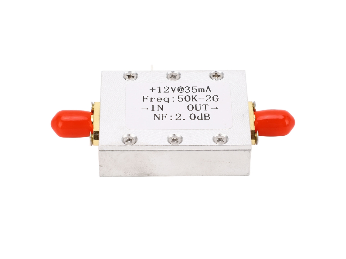 Amplificador LNA Banda Larga 50k 2GHz Baixo Ruído 31dB Ganho 9-15V DC