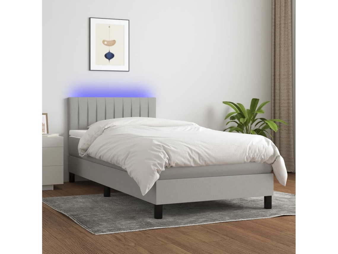 Vidaxl Cama Box Spring C/ Colchão E Led 90x190 Cm Tecido Cinza-claro