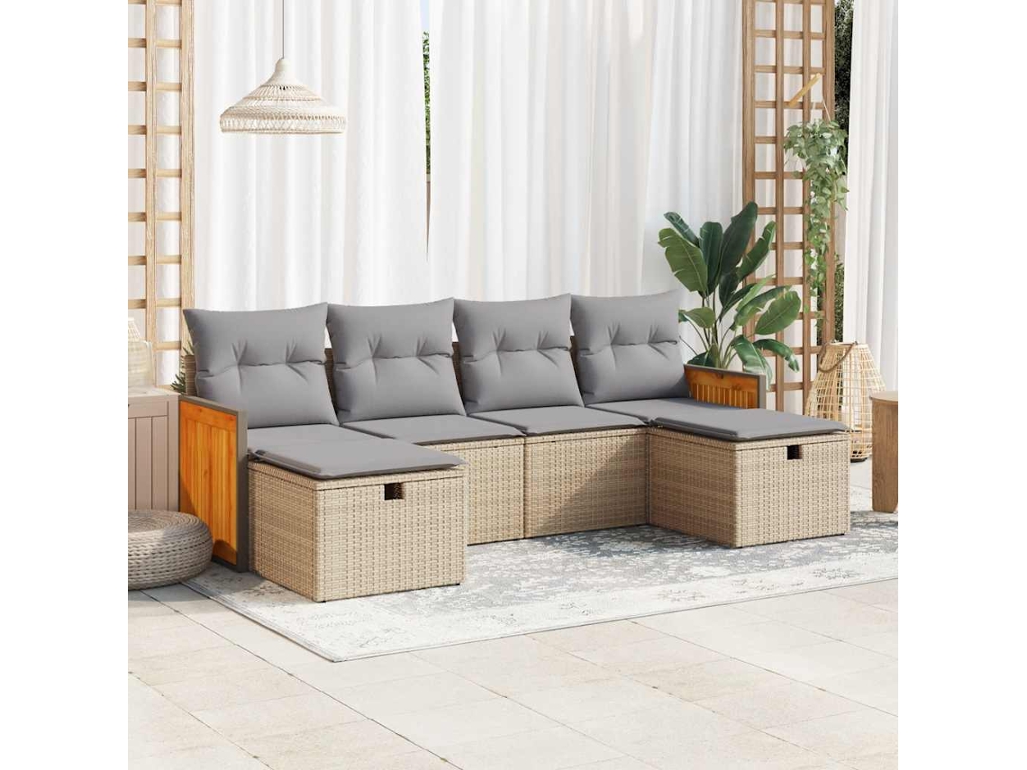 Vidaxl 6 Pcs Conjunto De Sofás P/ Jardim Com Almofadões Vime Pe Bege