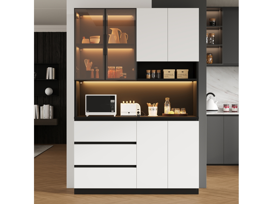 Vitrine De Cozinha Multifunção Com Led, Três Gavetas E Seis Portas, Ideal Para Loiça E Micro-ondas 120,5×40×180cm