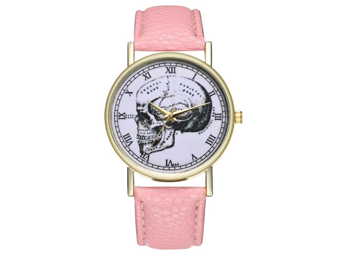 Relógio de quartzo unissex com pulseira de couro PU, estampa de caveira, numerais romanos, rosa.