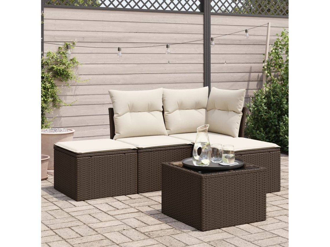 Pcs Conjunto Sofás P/ Jardim C/ Almofadões Vime Pe Castanho Dkd Home Decor