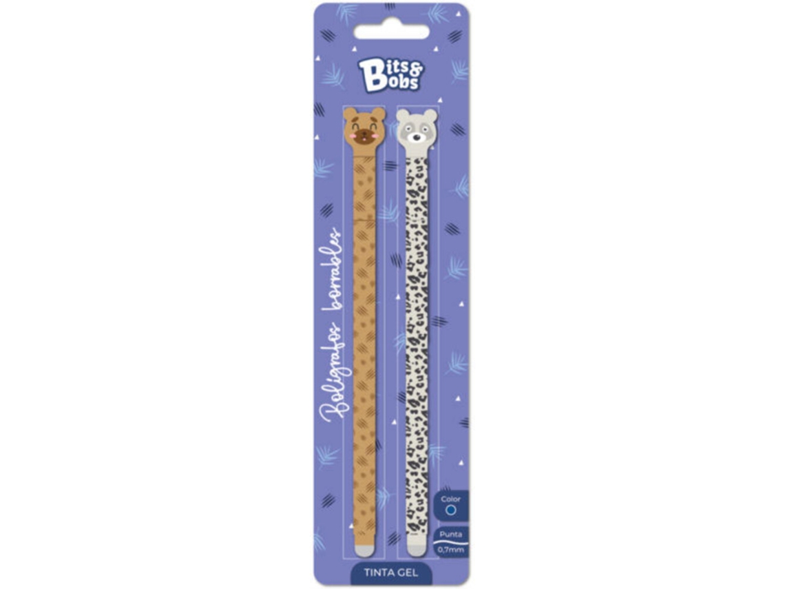 Caneta Apagável de Gel BITSBOBS Urso e Leopardo, Ponta de 0,7 Mm, Tinta Azul, 2 Unidades