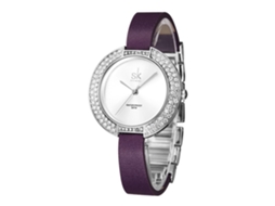 Relógio de Quartzo Feminino com Pulseira de Couro Pu Strass Impermeável 3atm Roxo