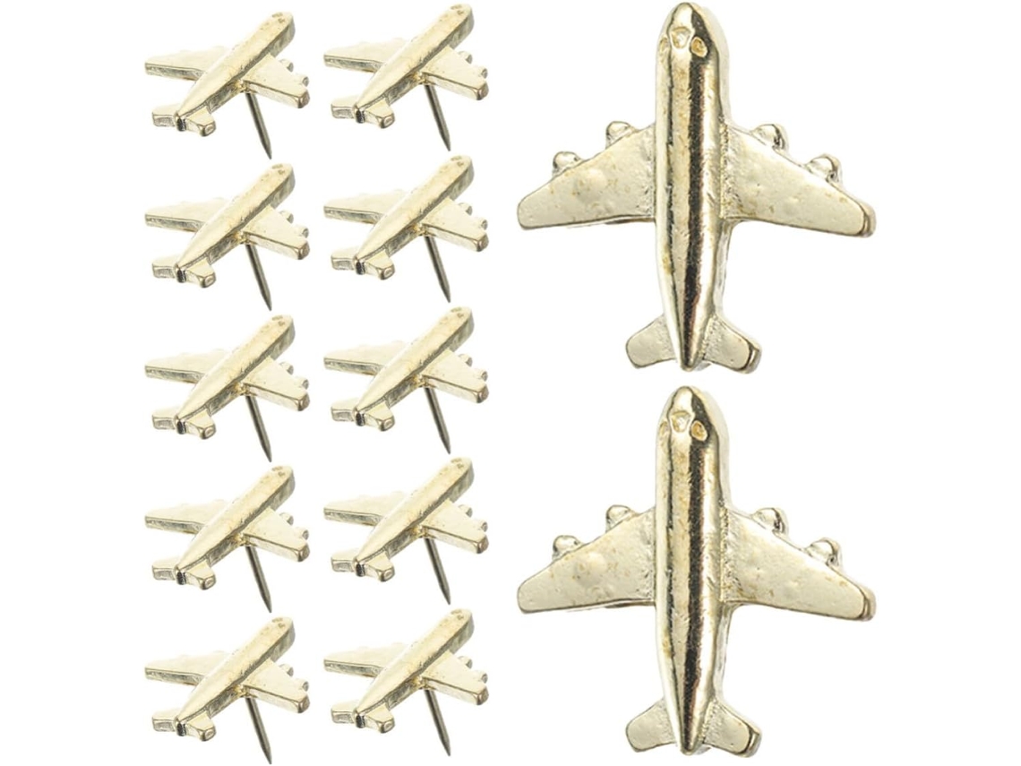 Tachinhas de Metal Dourado em Formato Avião para Cortiça Quadros, 24 Peças, Design Original e Multifuncional para