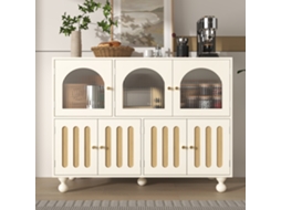 Aparador moderno branco com porta de vidro comprida e pés redondos, ideal para salas de estar e quartos.