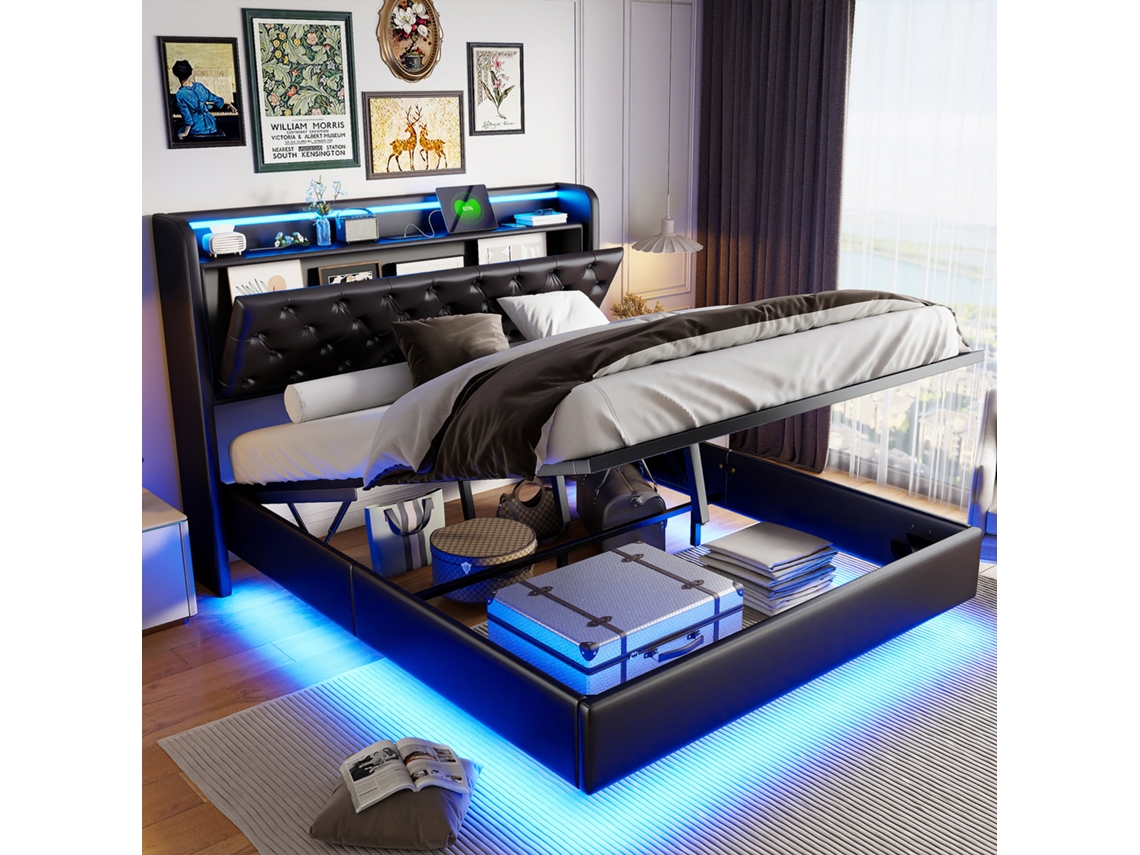 Cama De Casal 140x200cm Suspensa Com Armazenamento De Elevação Hidráulica E Led Rgb, Cama Estofada Moderna Em Couro Pu Com Usb-c/a, Preto