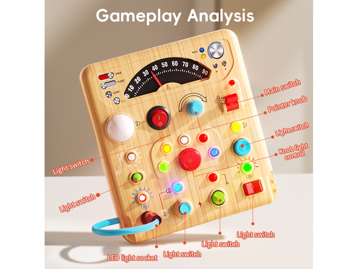 Painel Montessori com 13 Led e Amperímetro, Brinquedo Sensorial Madeira para 1 3 Anos CZHHMART